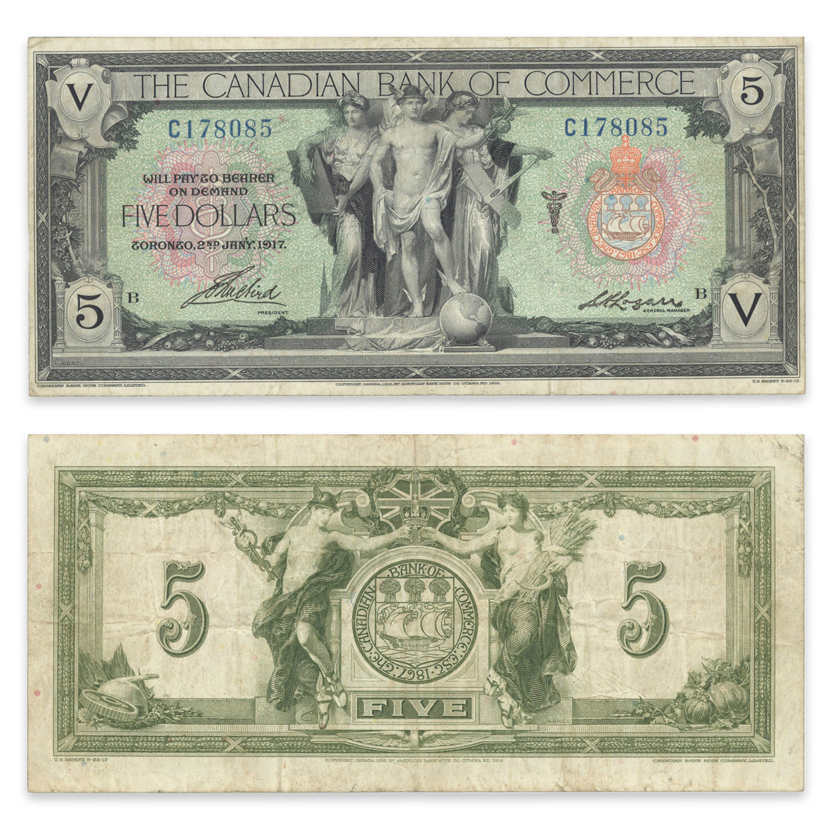 $5 1917 75-16-04-06a Canadian Bank of Commerce Aird-Logan Prefix C VF-35