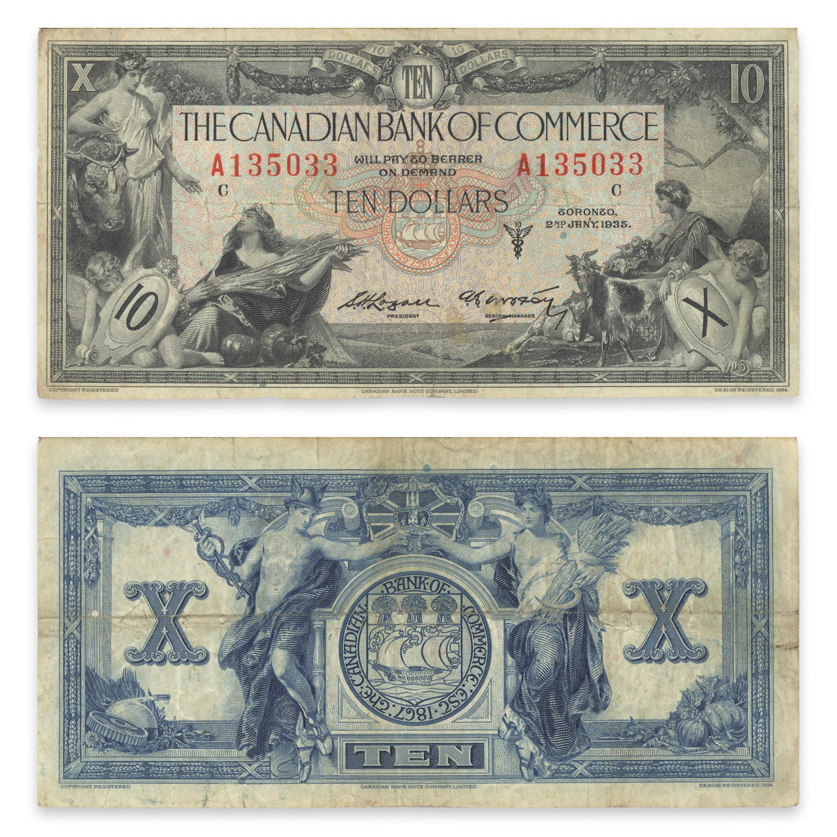 $10 1935 75-18-08b Canadian Bank of Commerce Logan-Arscott Prefix A VF-20