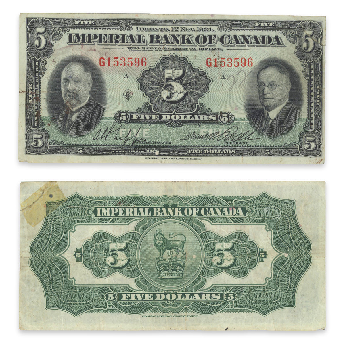 $5 1934 375-22-02 Imperial Bank of Canada Phipps-Rolph Prefix G VF-20