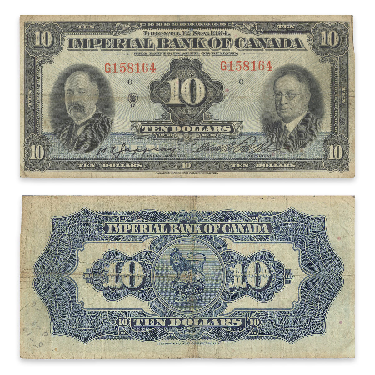 $10 1934 375-22-08 Imperial Bank of Canada Jaffray-Rolph Prefix G F-15