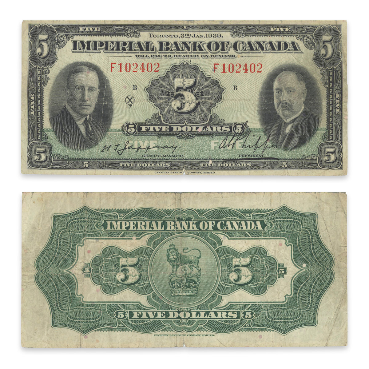 $5 1939 375-24-02 Imperial Bank of Canada Jaffray-Phipps Prefix F VF-20