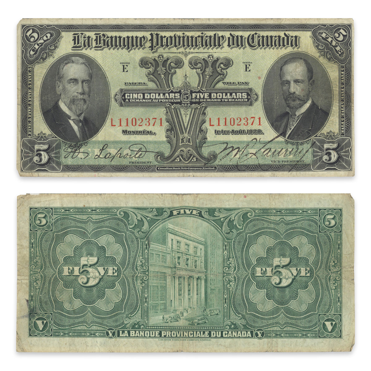 $5 1928 615-14-08 La Banque Provincial du Canada Laporte-various Prefix L VF-20