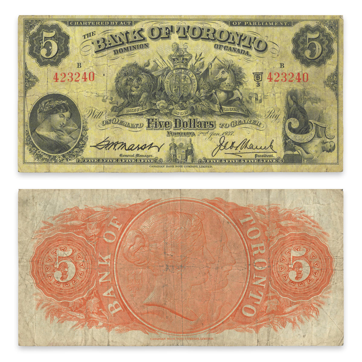$5 1937 715-24-06 The Bank of Toronto Marsh-Lamb F-15