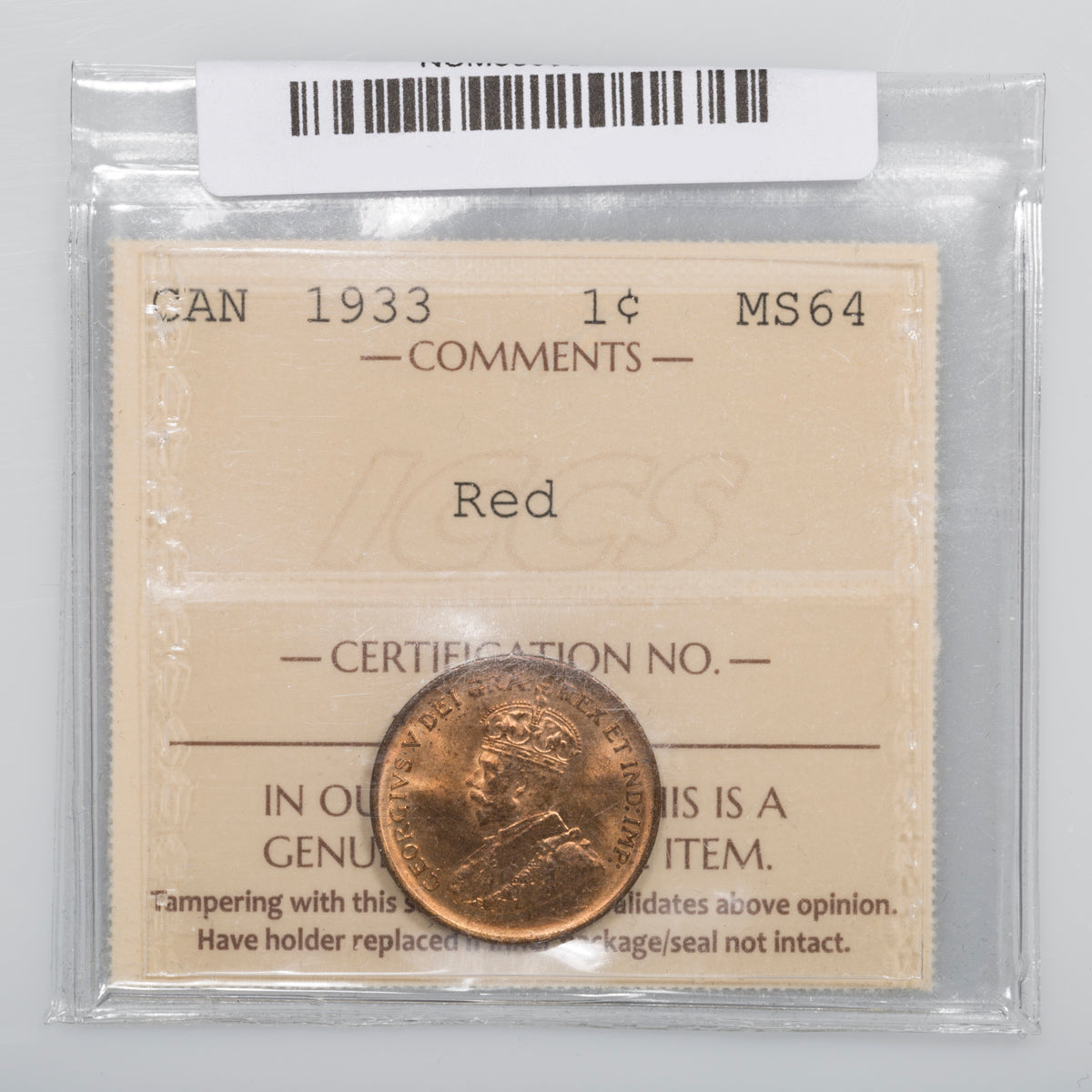 1 Cent 1933 ICCS MS-64 Red