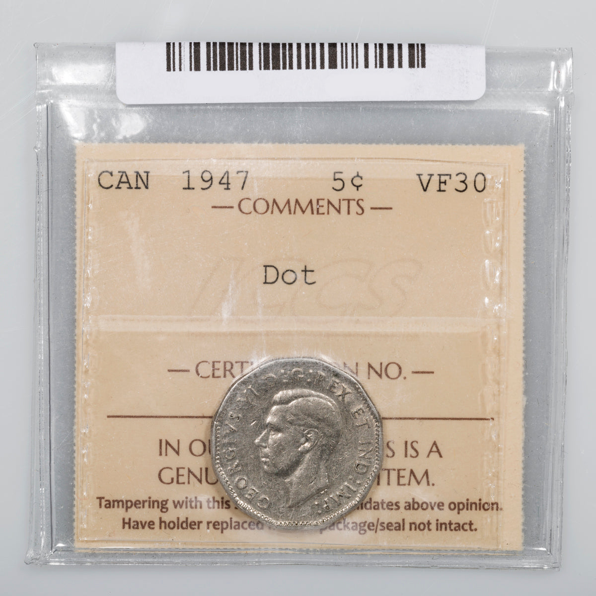 5 Cent 1947 Dot ICCS VF-30