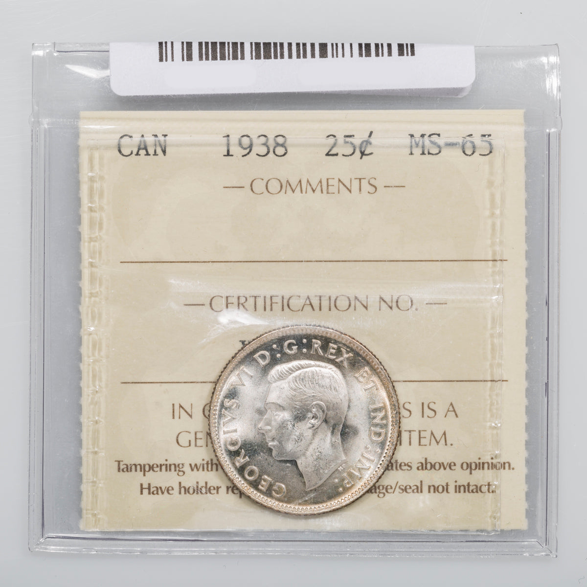 25 Cent 1938 ICCS MS-65