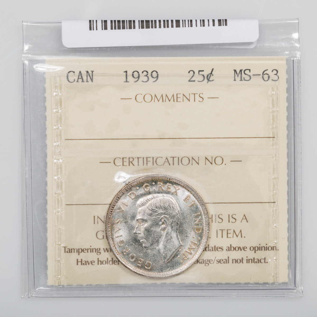 25 Cent 1939 ICCS MS-63