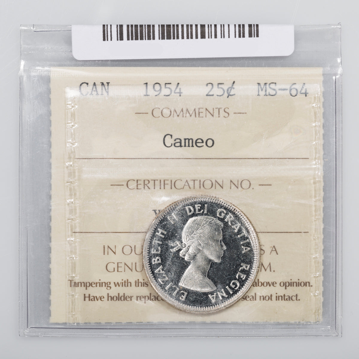 25 Cent 1954 ICCS MS-64 Cameo