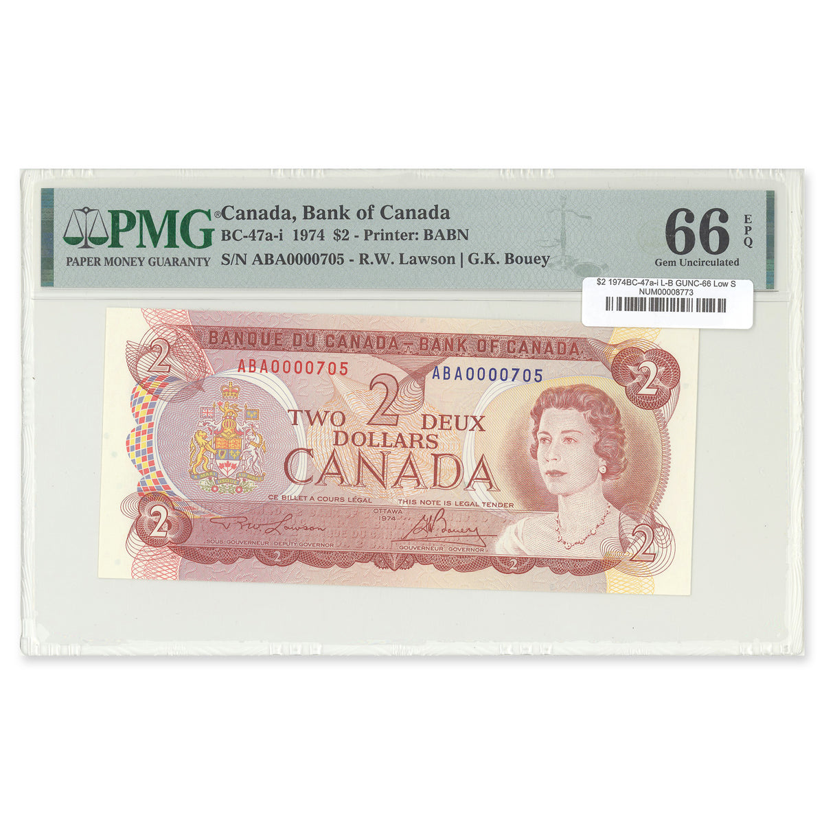 $2 1974 BC-47a-i Low Serial # Lawson-Bouey Prefix ABA PMG GUNC-66 EPQ