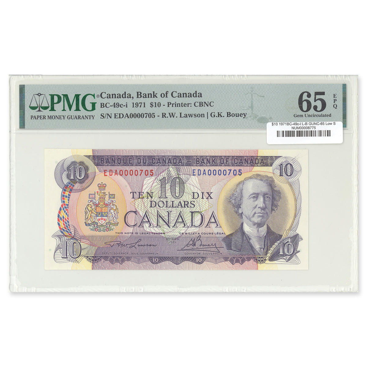 $10 1971 BC-49c-i Low Serial # Lawson-Bouey Prefix EDA PMG GUNC-65 EPQ