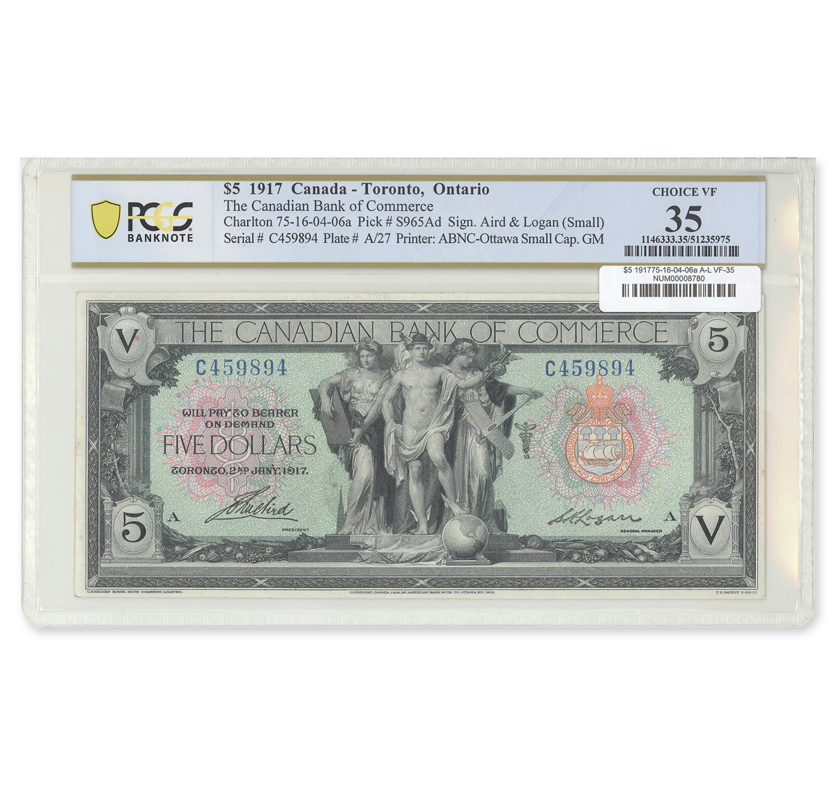 $5 1917 75-16-04-06a Canadian Bank of Commerce Aird-Logan Prefix C PCGS VF-35