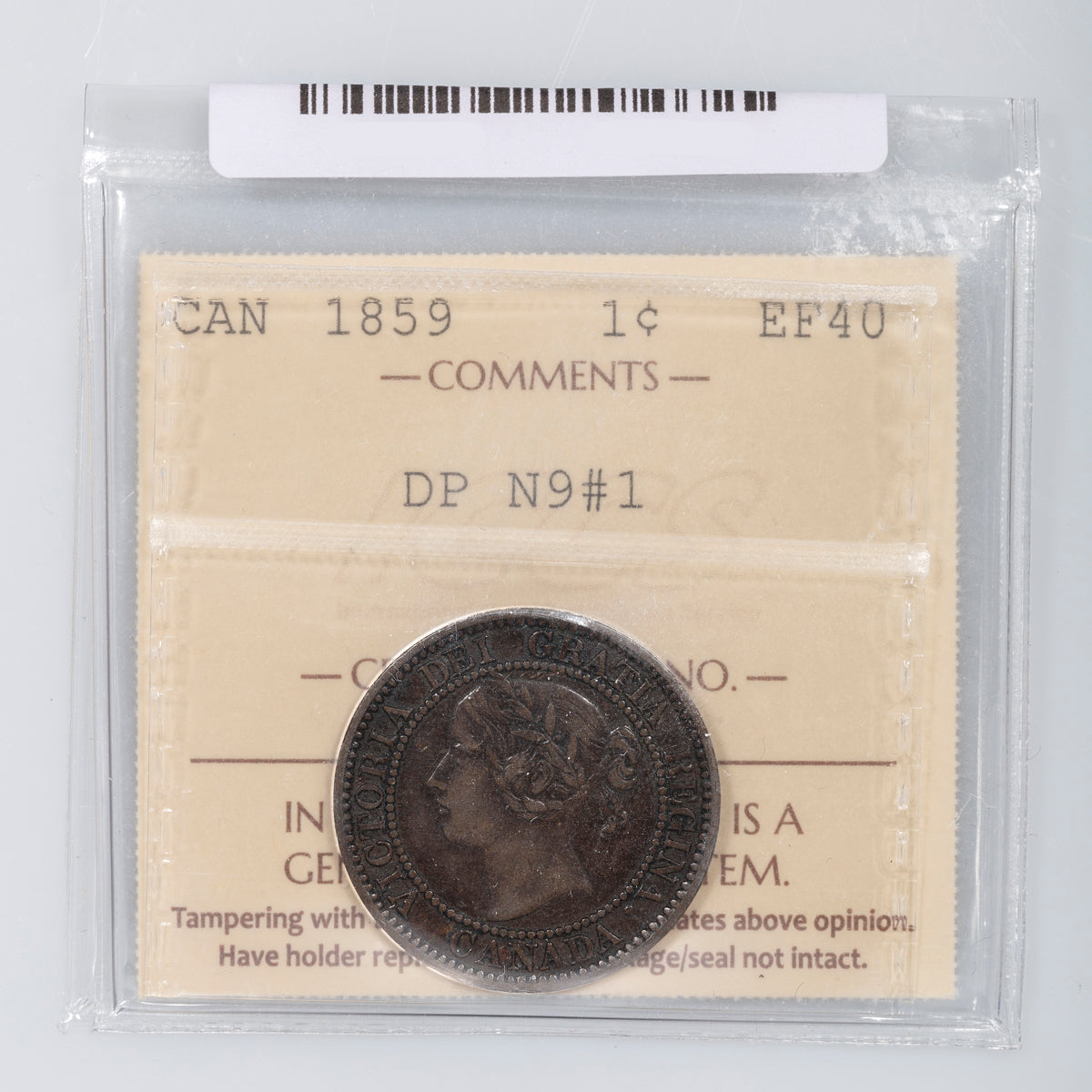 1 Cent 1859 DP N9#1 ICCS EF-40