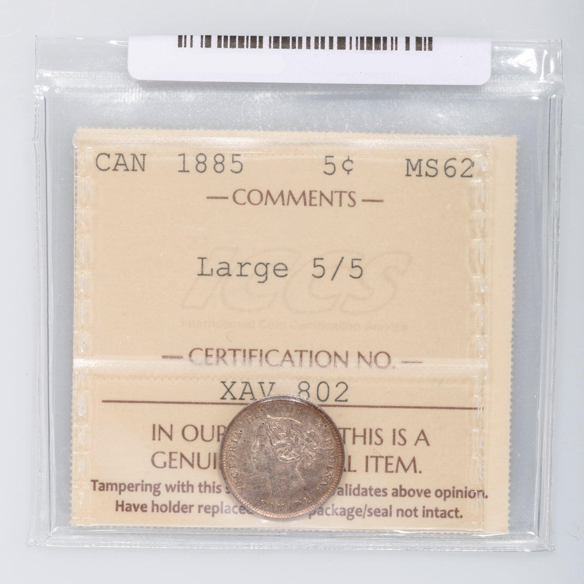 5 Cent 1885 Large 5/5 ICCS MS-62