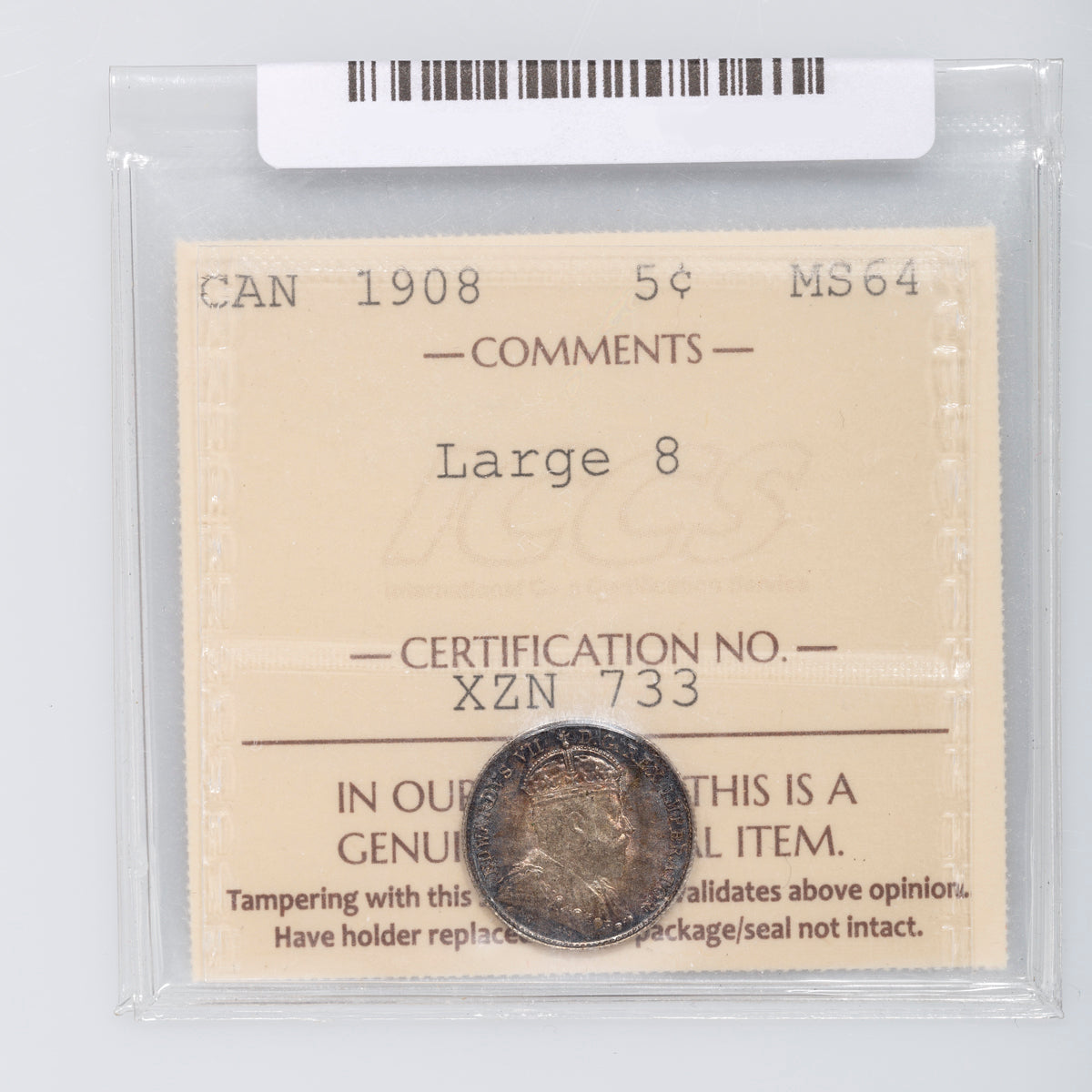 5 Cent 1908 Large 8 ICCS MS-64