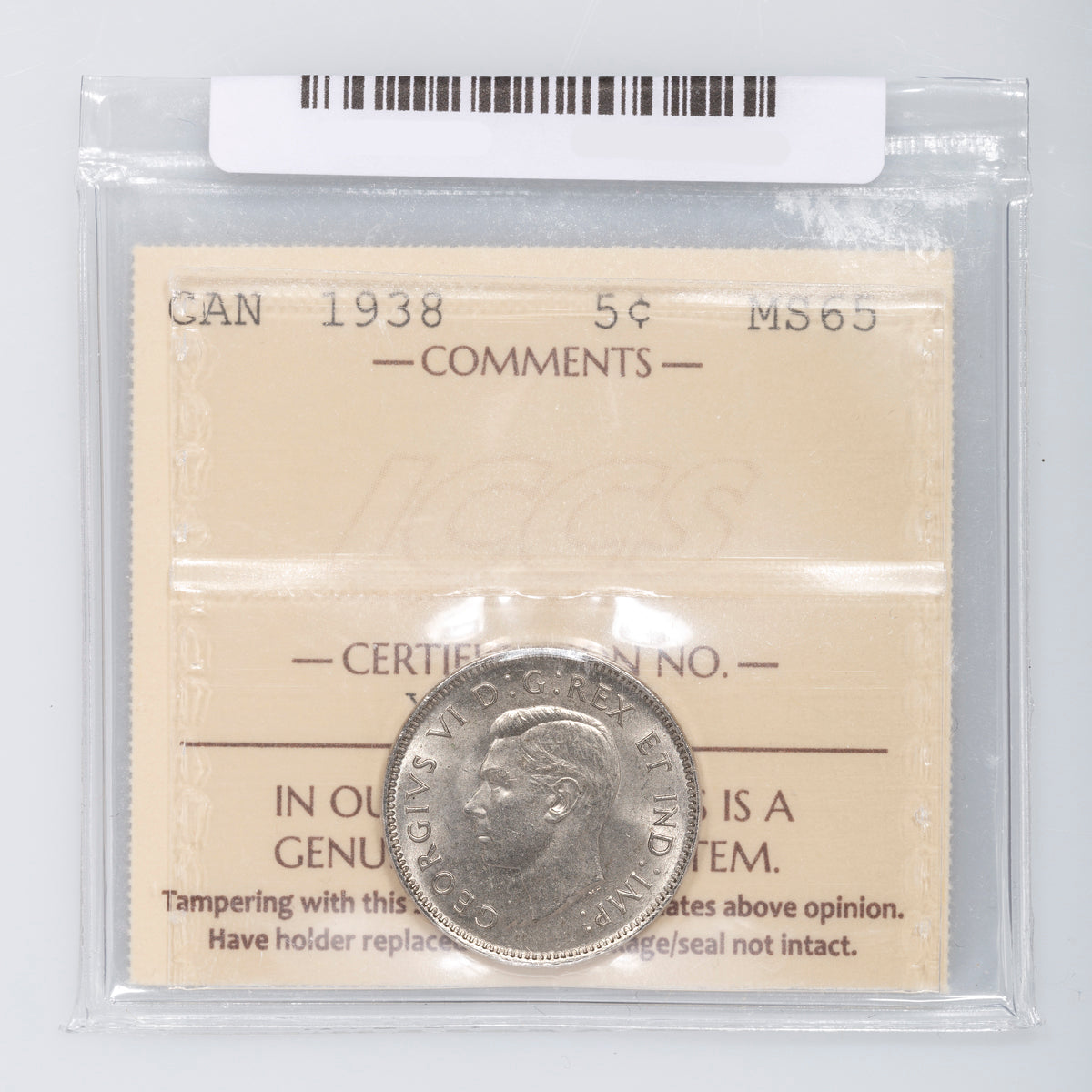 5 Cent 1938 ICCS MS-65
