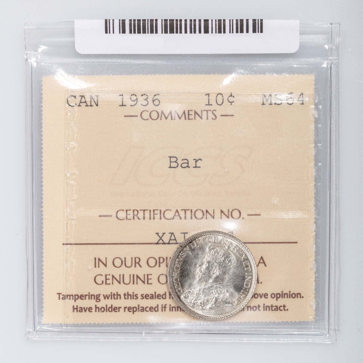 10 Cent 1936 Bar ICCS MS-64