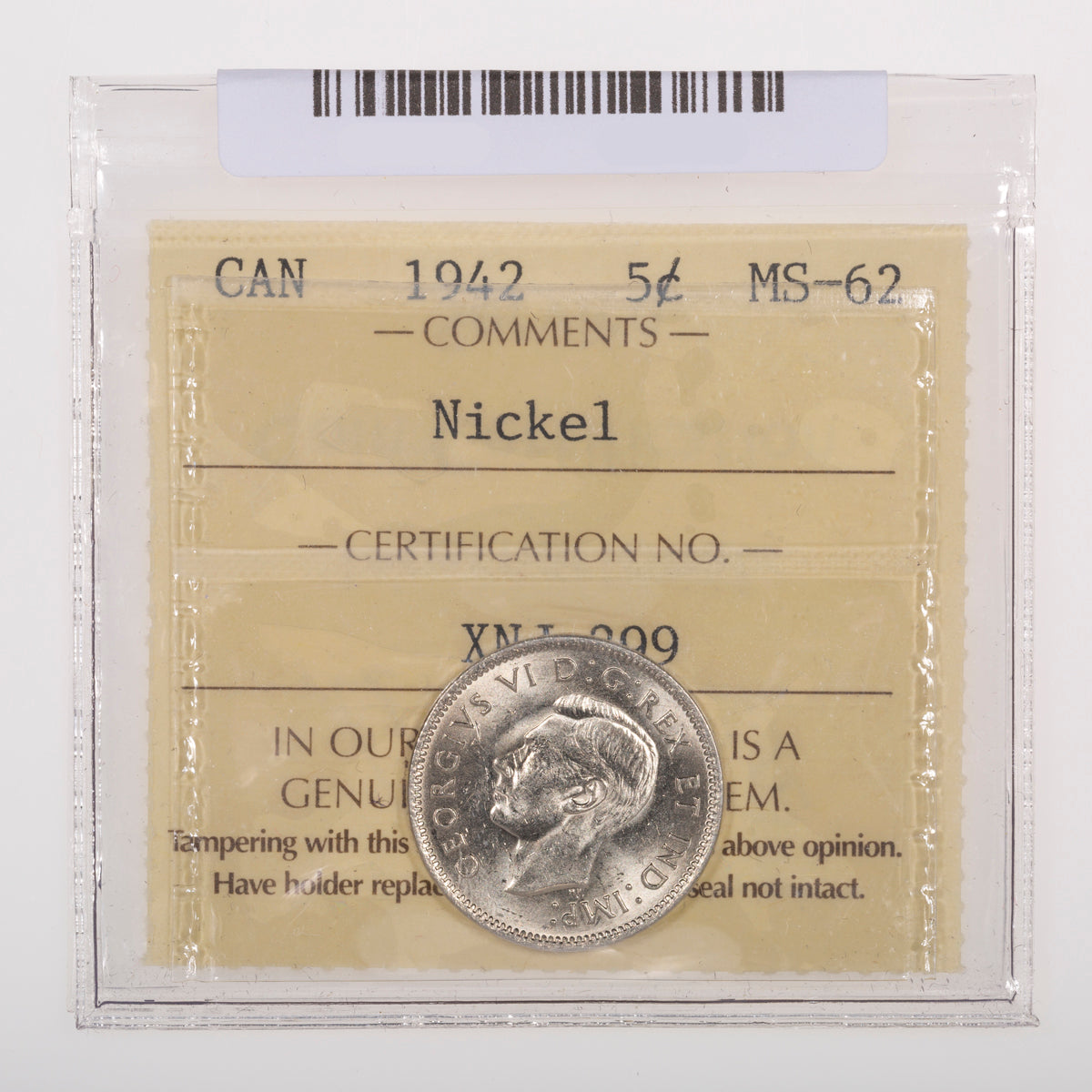 5 Cent 1942 Nickel ICCS MS-62