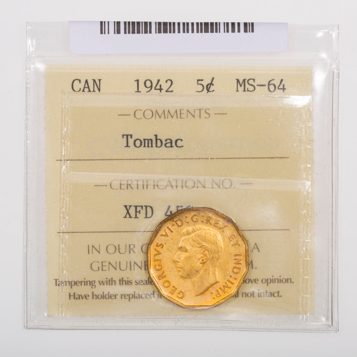 5 Cent 1942 Tombac ICCS MS-64