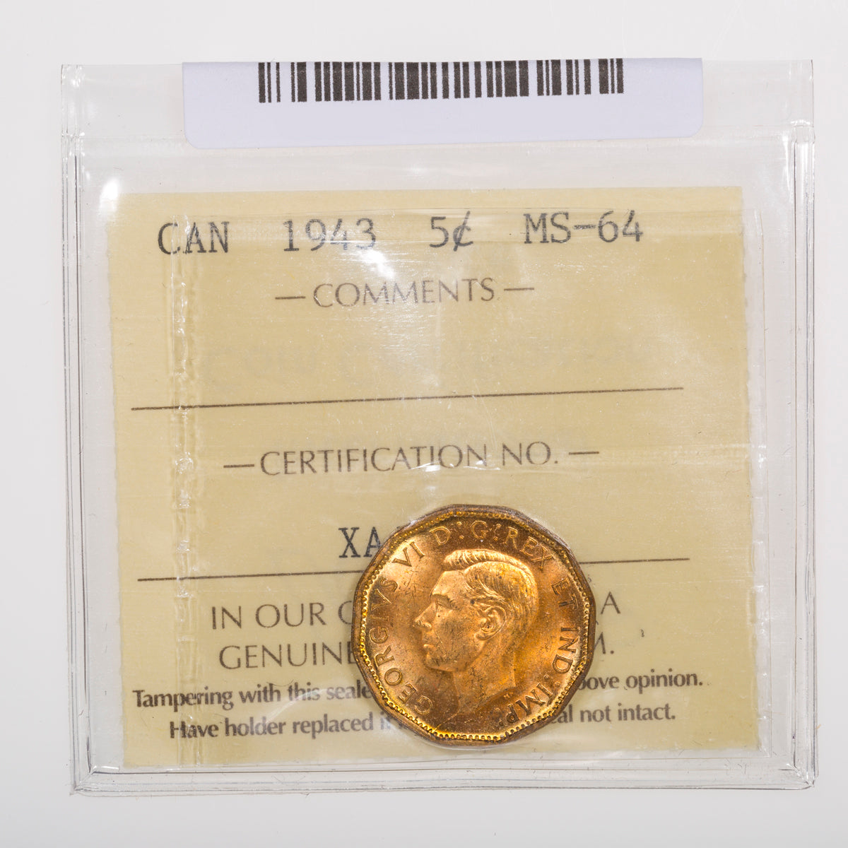 5 Cent 1943 ICCS MS-64