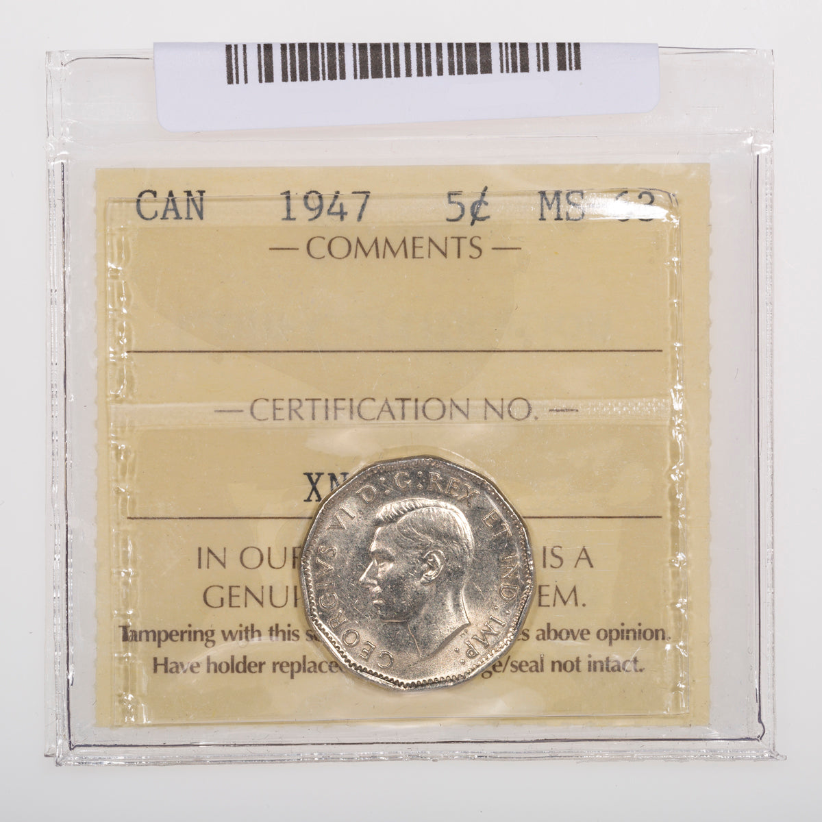 5 Cent 1947 ICCS MS-63
