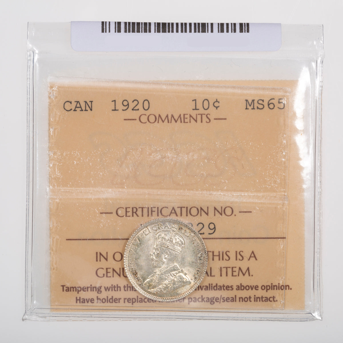 10 Cent 1920 ICCS MS-65