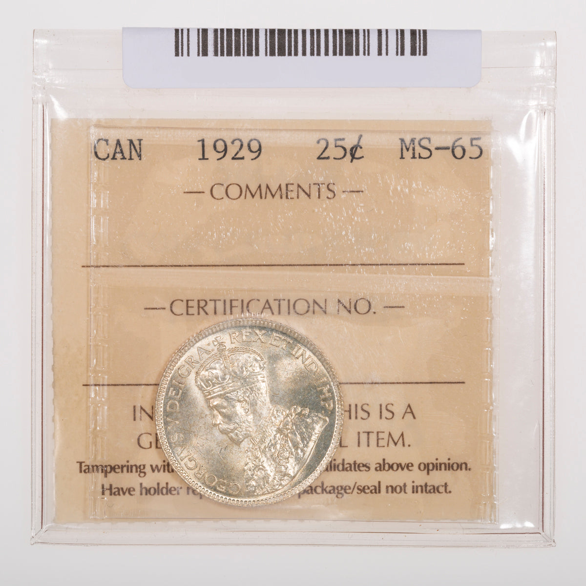 25 Cent 1929 ICCS MS-65