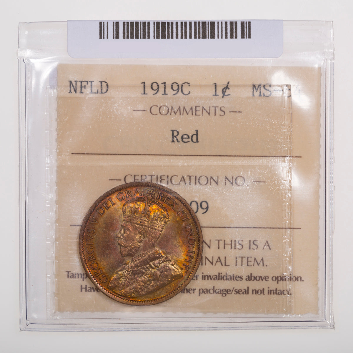 NFLD 1 Cent 1919C ICCS MS-64 Red