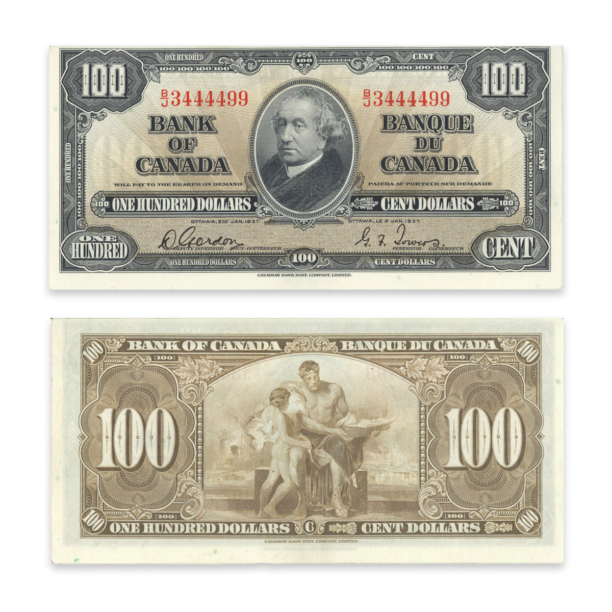 $100 1937 BC-27b Gordon-Towers Prefix B/J AU-55