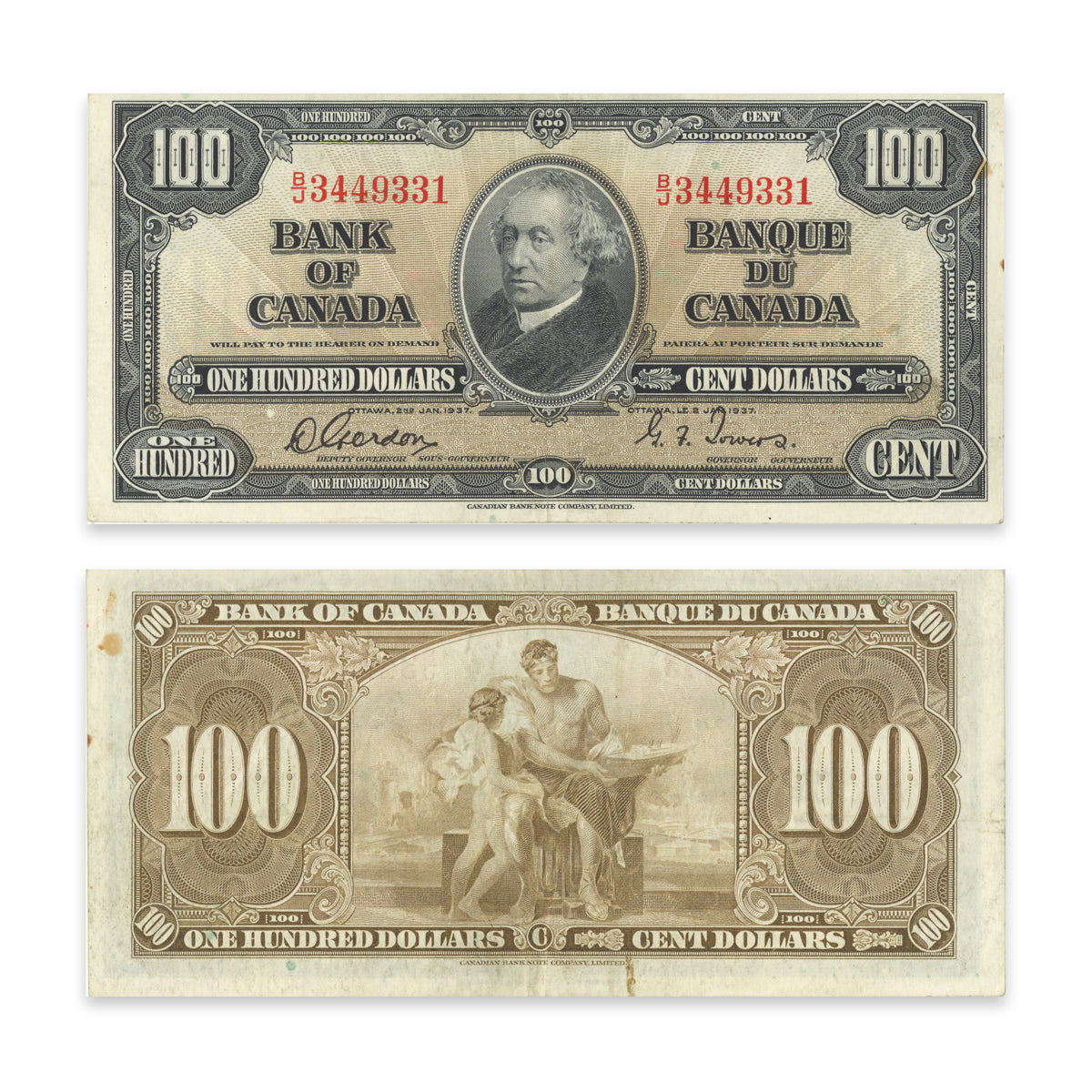 $100 1937 BC-27b Gordon-Towers Prefix B/J VF-30