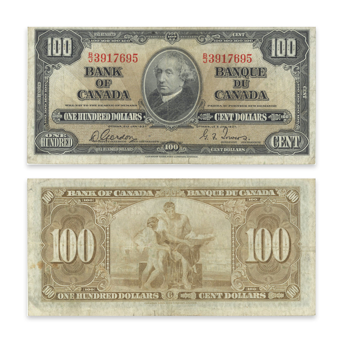 $100 1937 BC-27b Gordon-Towers Prefix B/J F-12