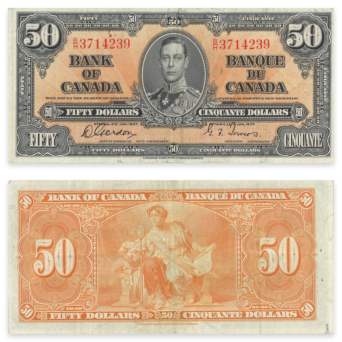 $50 1937 BC-26b Gordon-Towers Prefix B/H VF-25