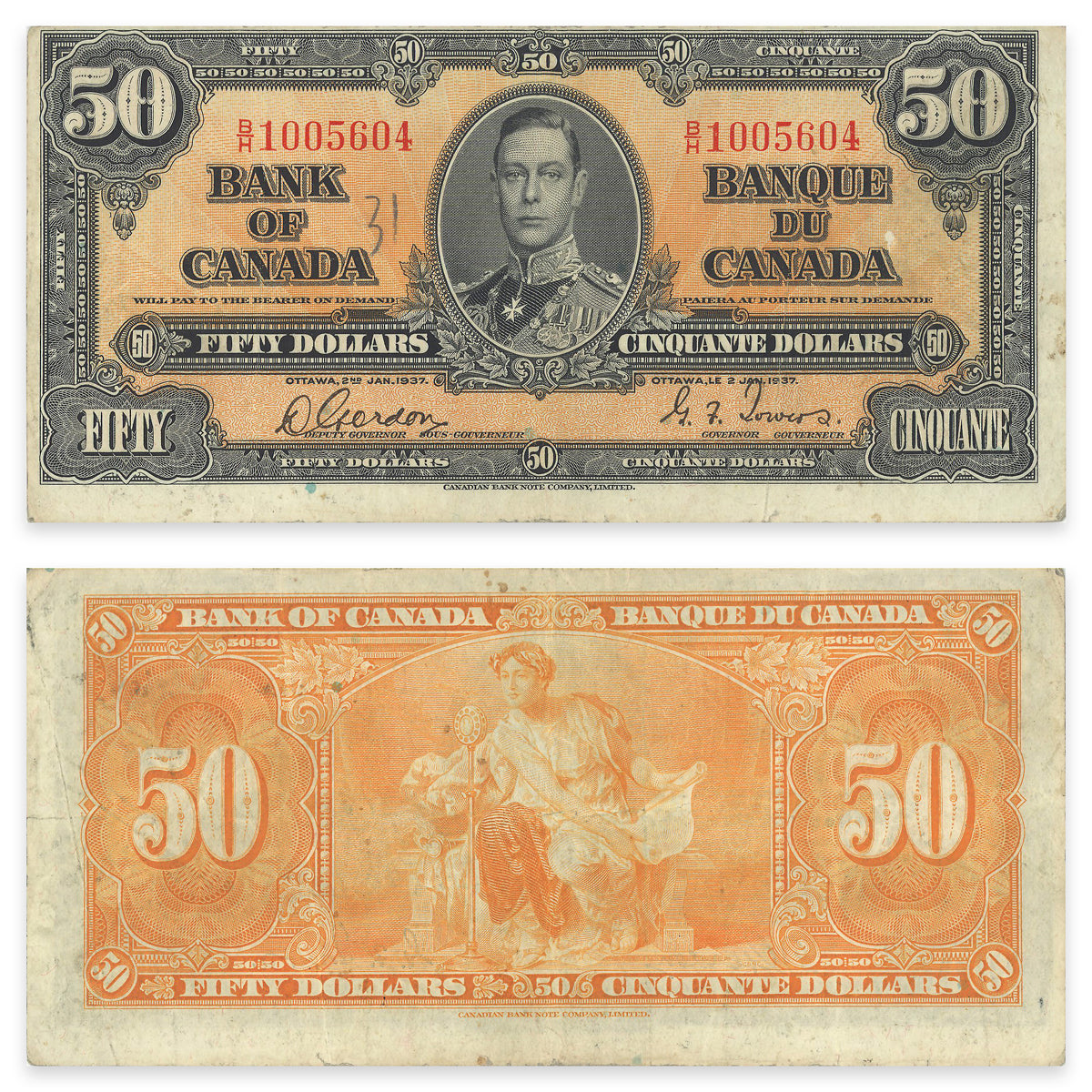 $50 1937 BC-26b Gordon-Towers Prefix B/H VF-20