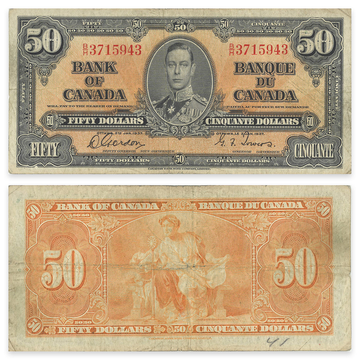 $50 1937 BC-26b Gordon-Towers Prefix B/H F-12