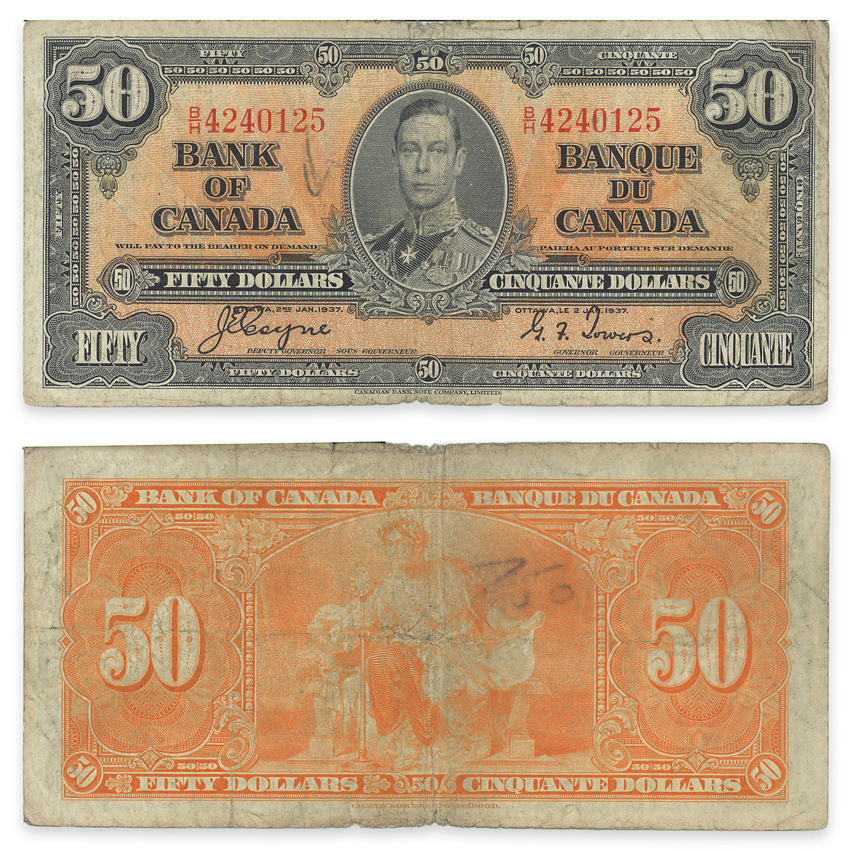 $50 1937 BC-26c Coyne-Towers Prefix B/H VG-8