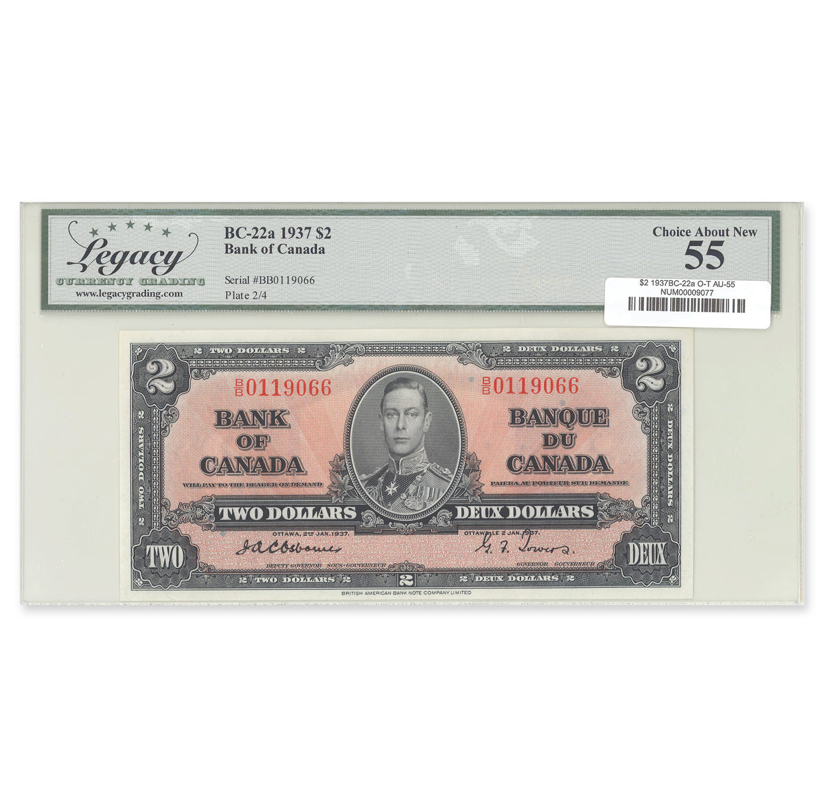 $2 1937 BC-22a Osborne-Towers Prefix B/B Legacy AU-55