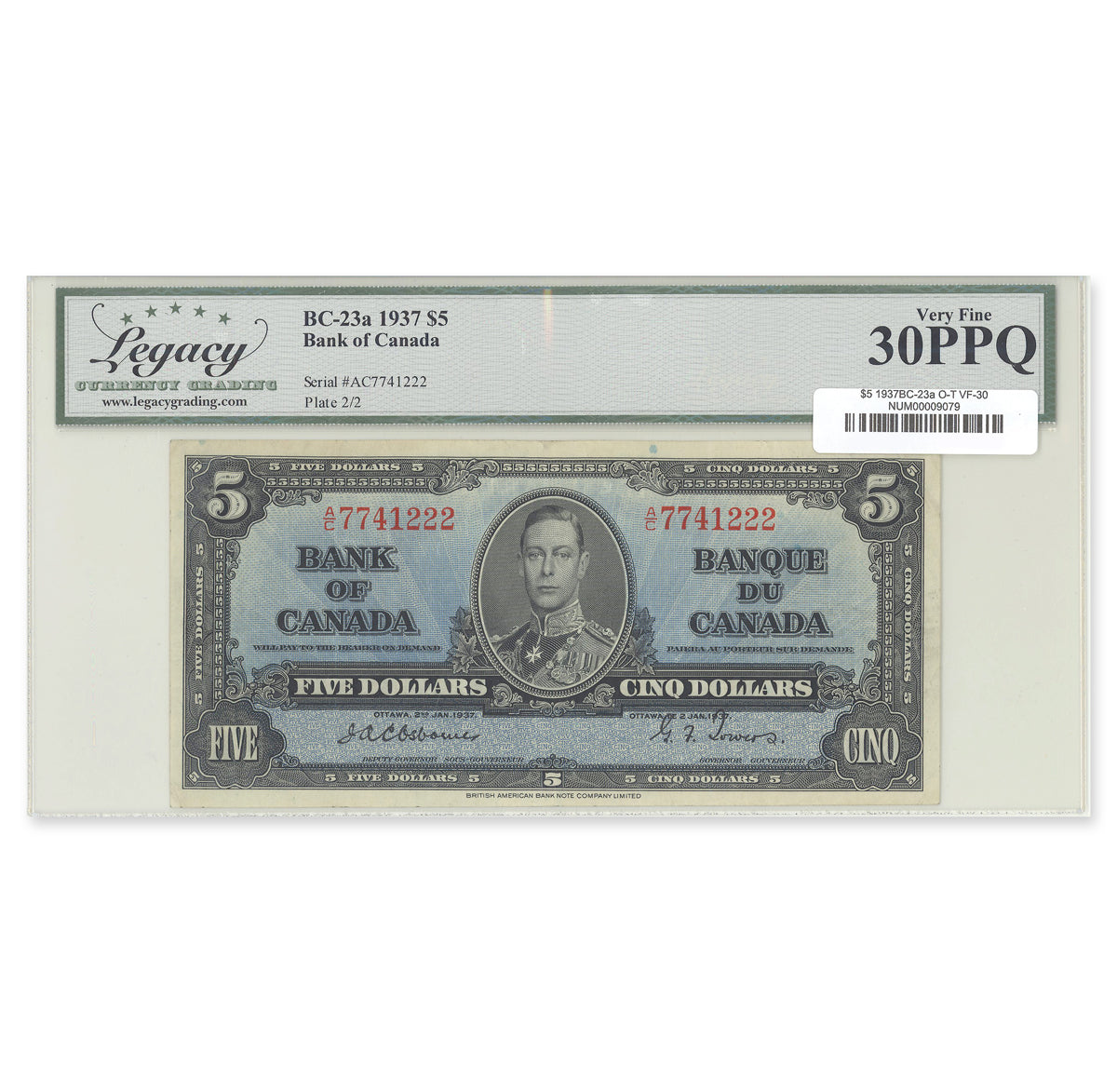 $5 1937 BC-23a Osborne-Towers Prefix A/C Legacy VF-30 PPQ