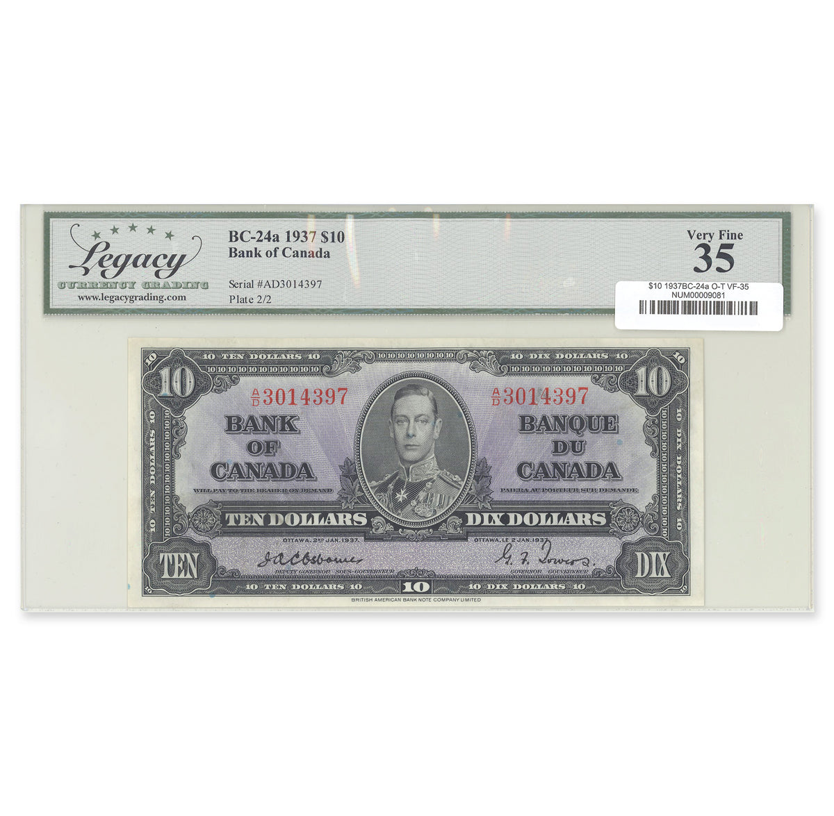 $10 1937 BC-24a Osborne-Towers Prefix A/D Legacy VF-35