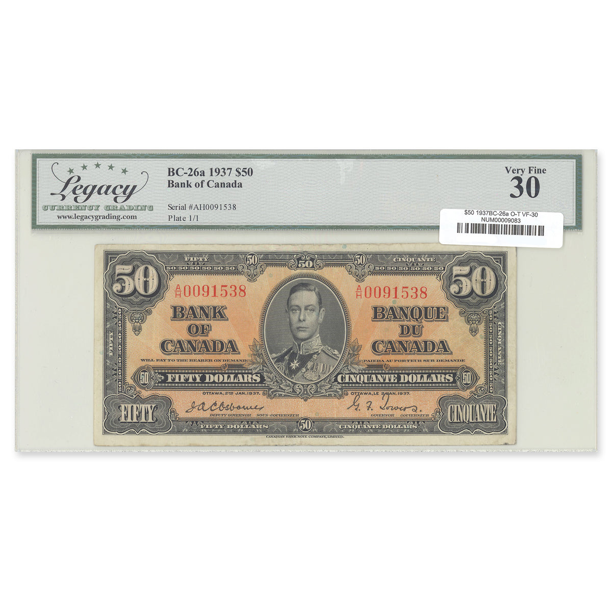 $50 1937 BC-26a Osborne-Towers Prefix A/H Legacy VF-30