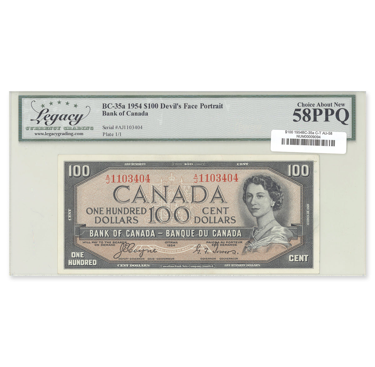 $100 1954 Devil's Face Series BC-35a Coyne-Towers Prefix A/J Legacy AU-58 PPQ