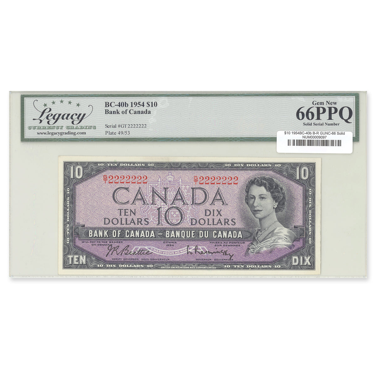 $10 1954 Modified Series BC-40b Solid # Beattie-Rasminsky Prefix G/T Legacy GUNC-66 PPQ