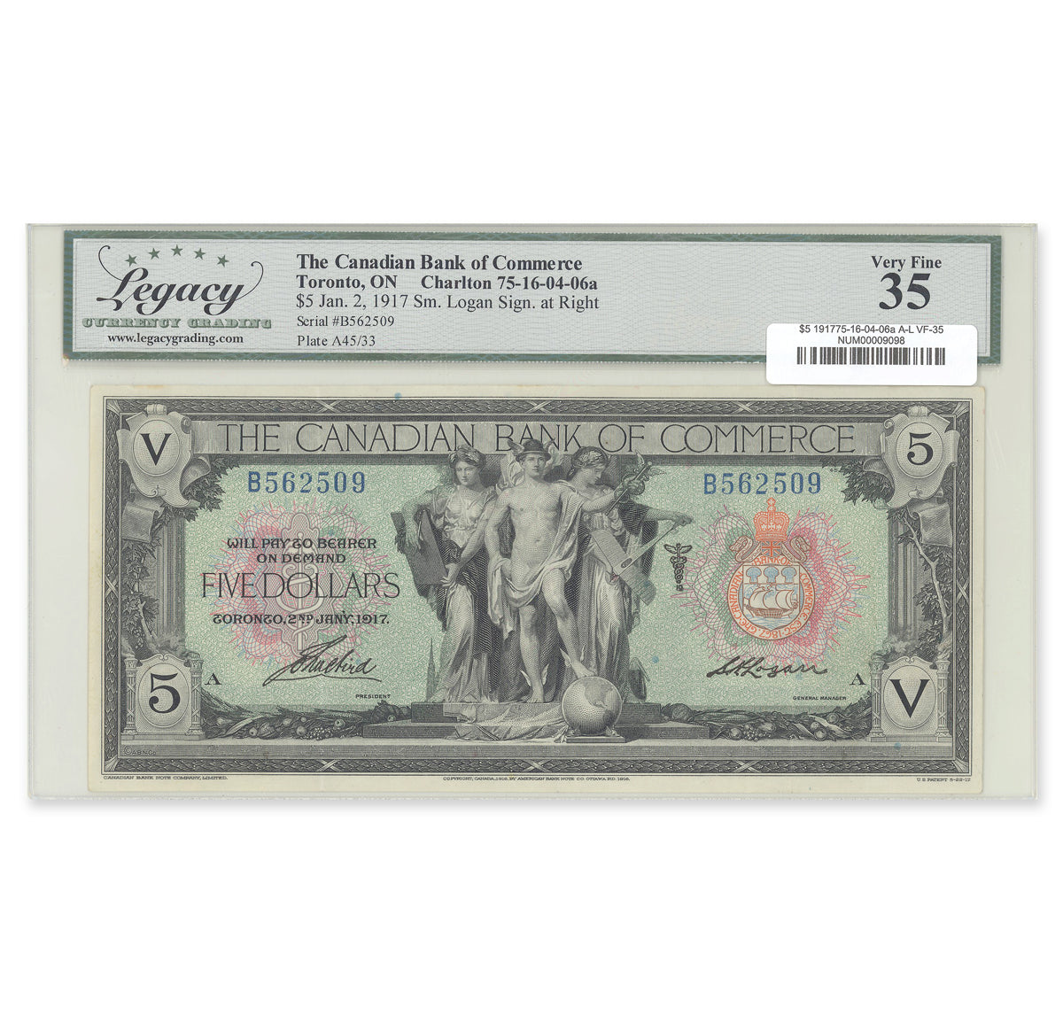$5 1917 75-16-04-06a Canadian Bank of Commerce Aird-Logan Prefix B Legacy VF-35