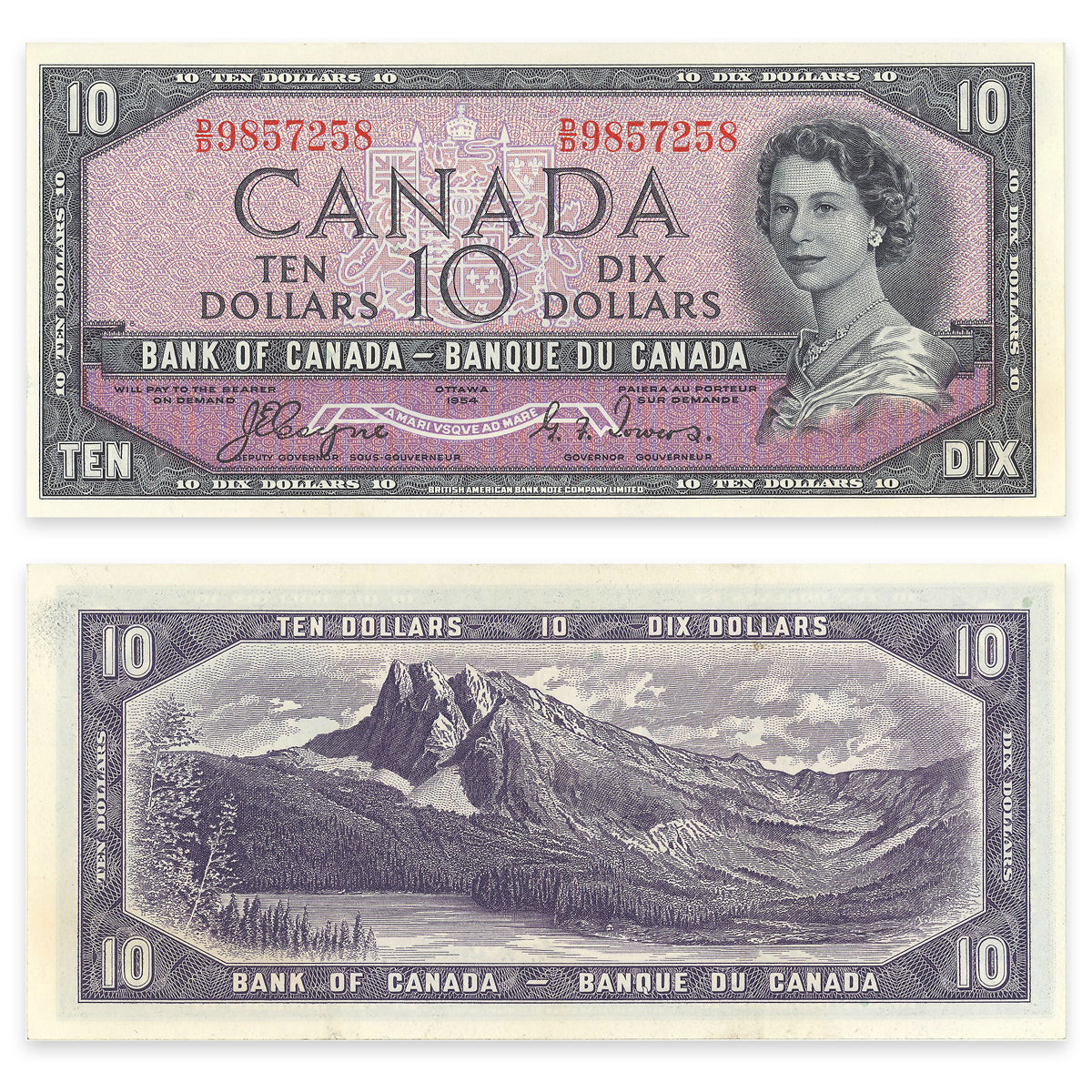 $10 1954 Devil's Face Series BC-32a Coyne-Towers Prefix D/D AU-55