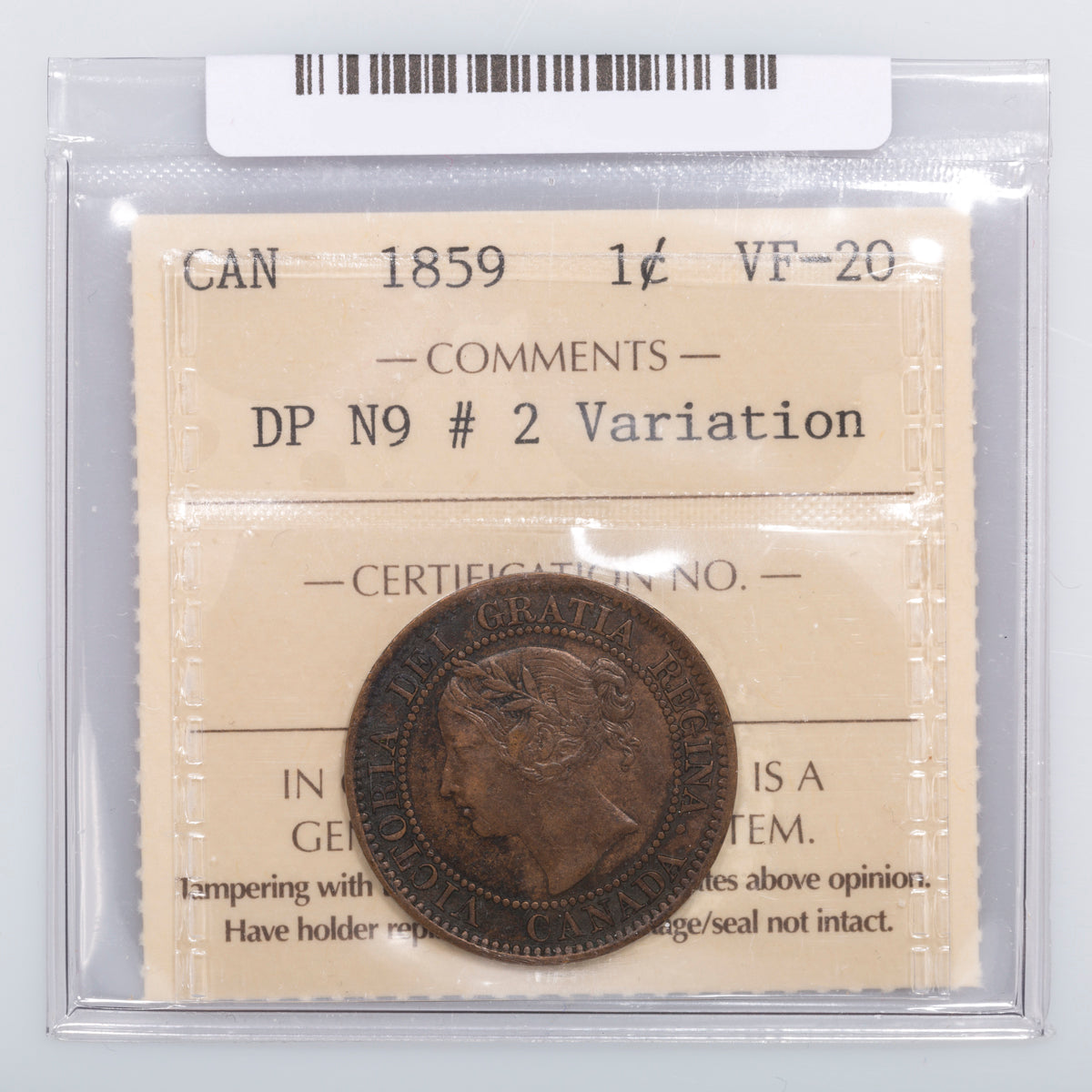 1 Cent 1859 DP N9 #2 ICCS VF-20