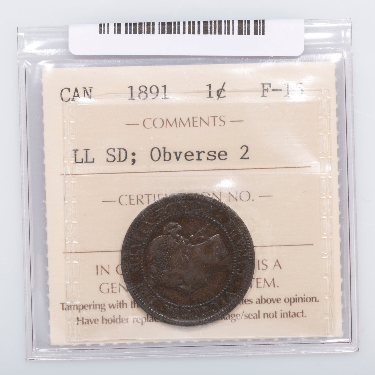 1 Cent 1891 LL SD Obv 2 ICCS F-15