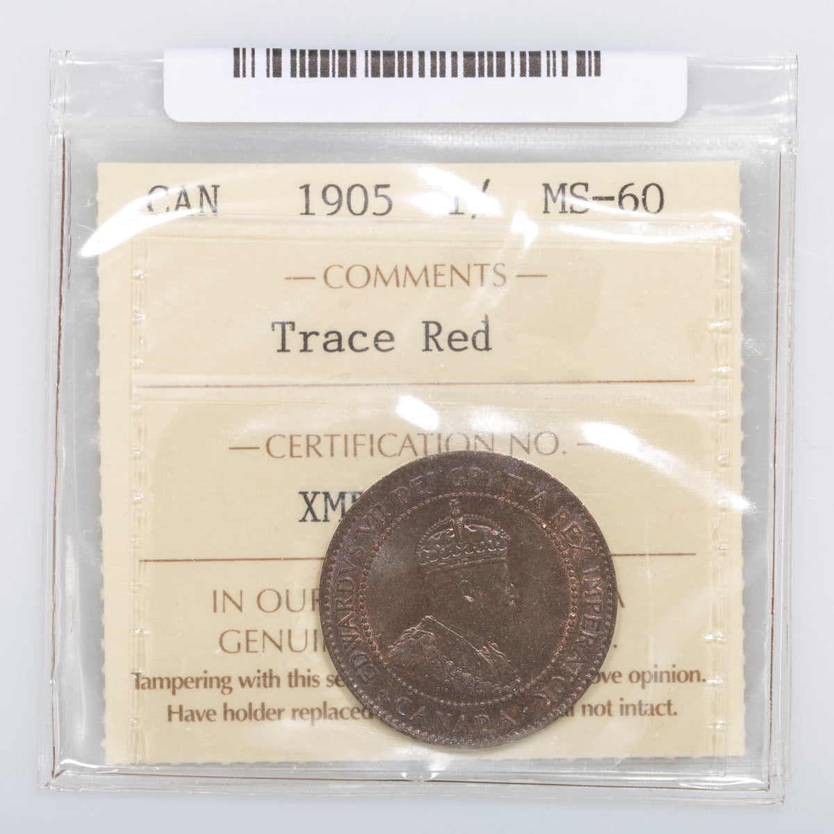 1 Cent 1905 ICCS MS-60 Trace Red