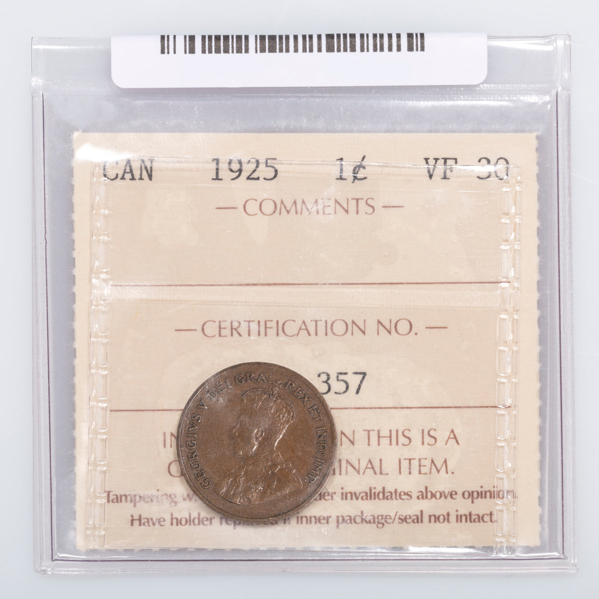 1 Cent 1925 ICCS VF-30