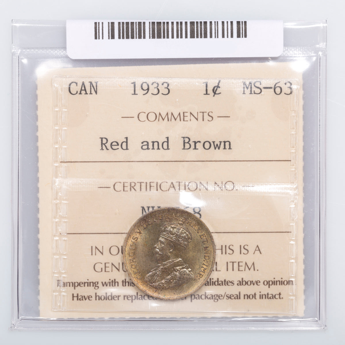 1 Cent 1933 ICCS MS-63 Red and Brown