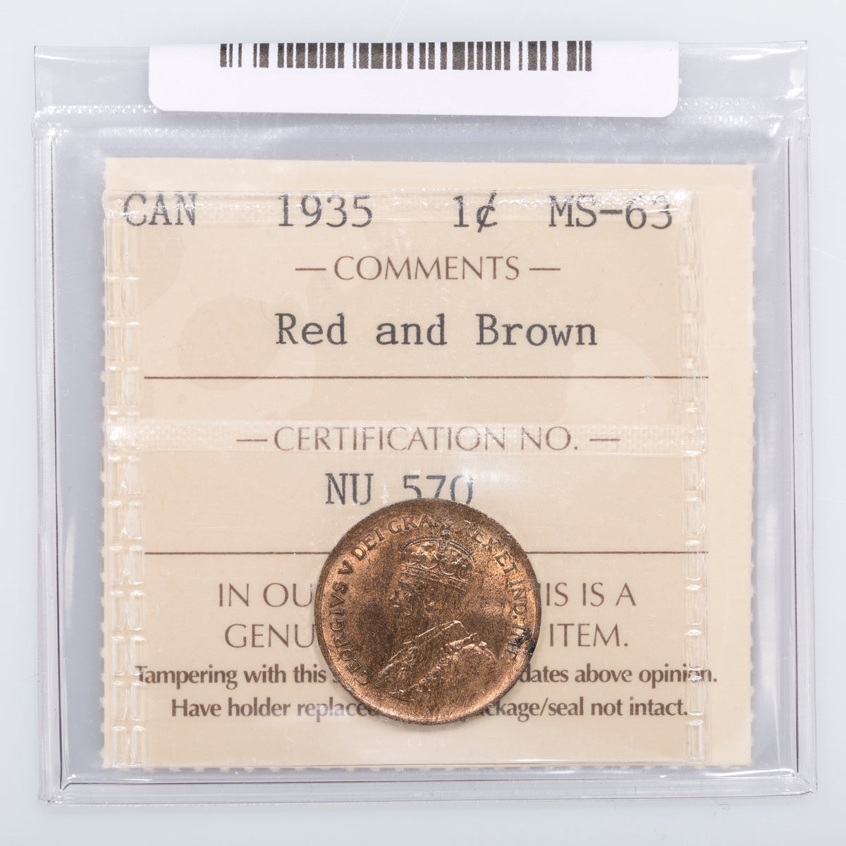 1 Cent 1935 ICCS MS-63 Red and Brown