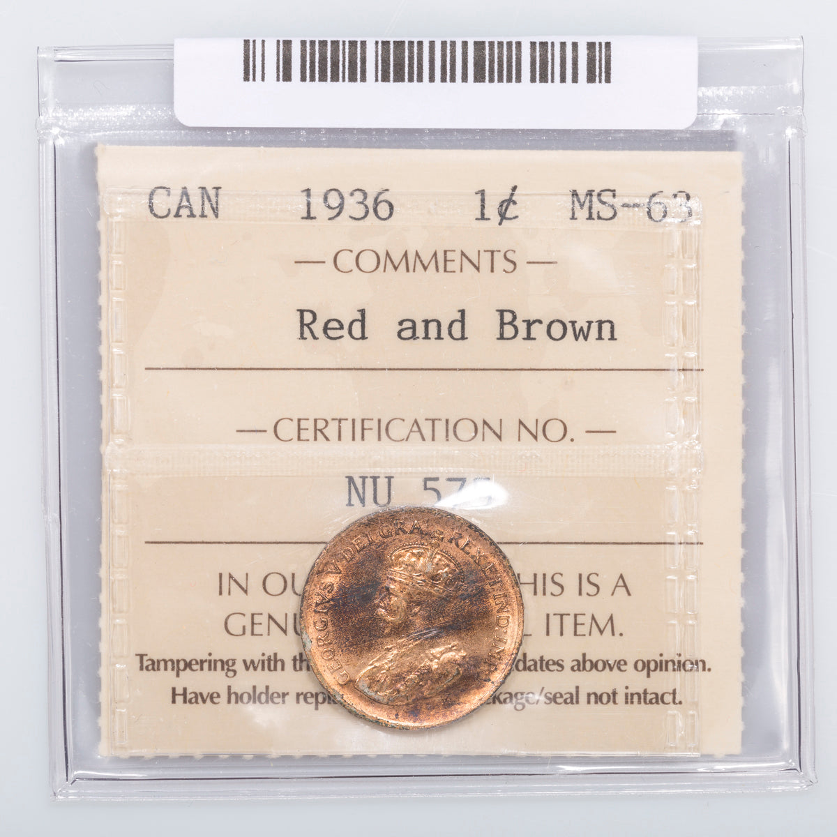 1 Cent 1936 ICCS MS-63 Red and Brown