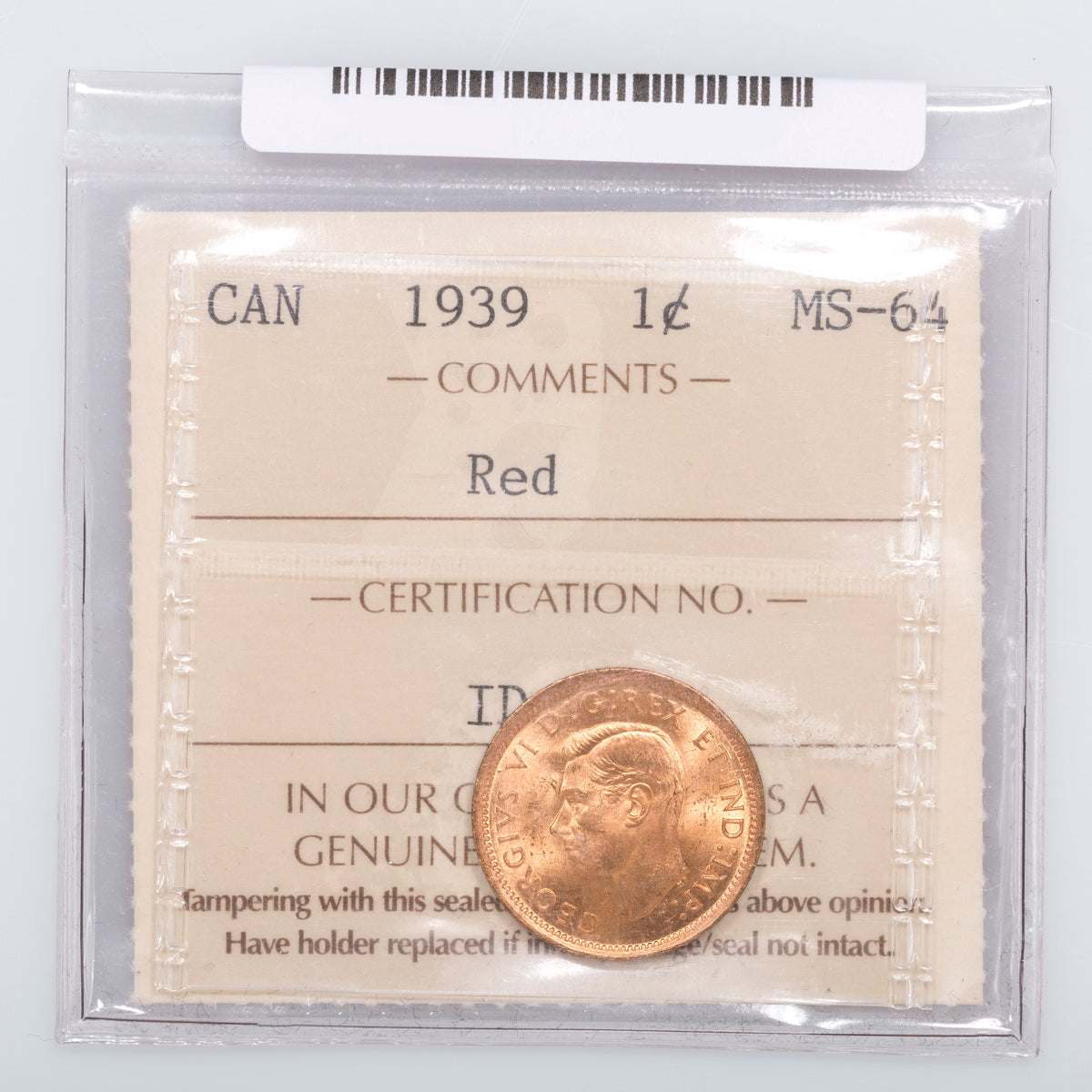 1 Cent 1939 ICCS MS-64 Red
